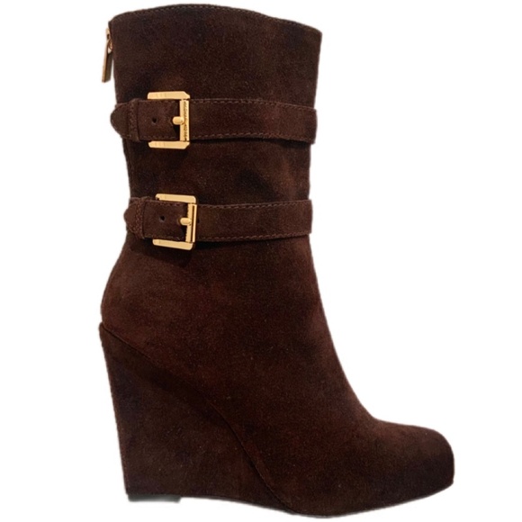 Michael Kors Parker Brown Suede Leather Wedge Bootie Exposed Zip Ankle Boots 7.5 - Picture 3 of 16